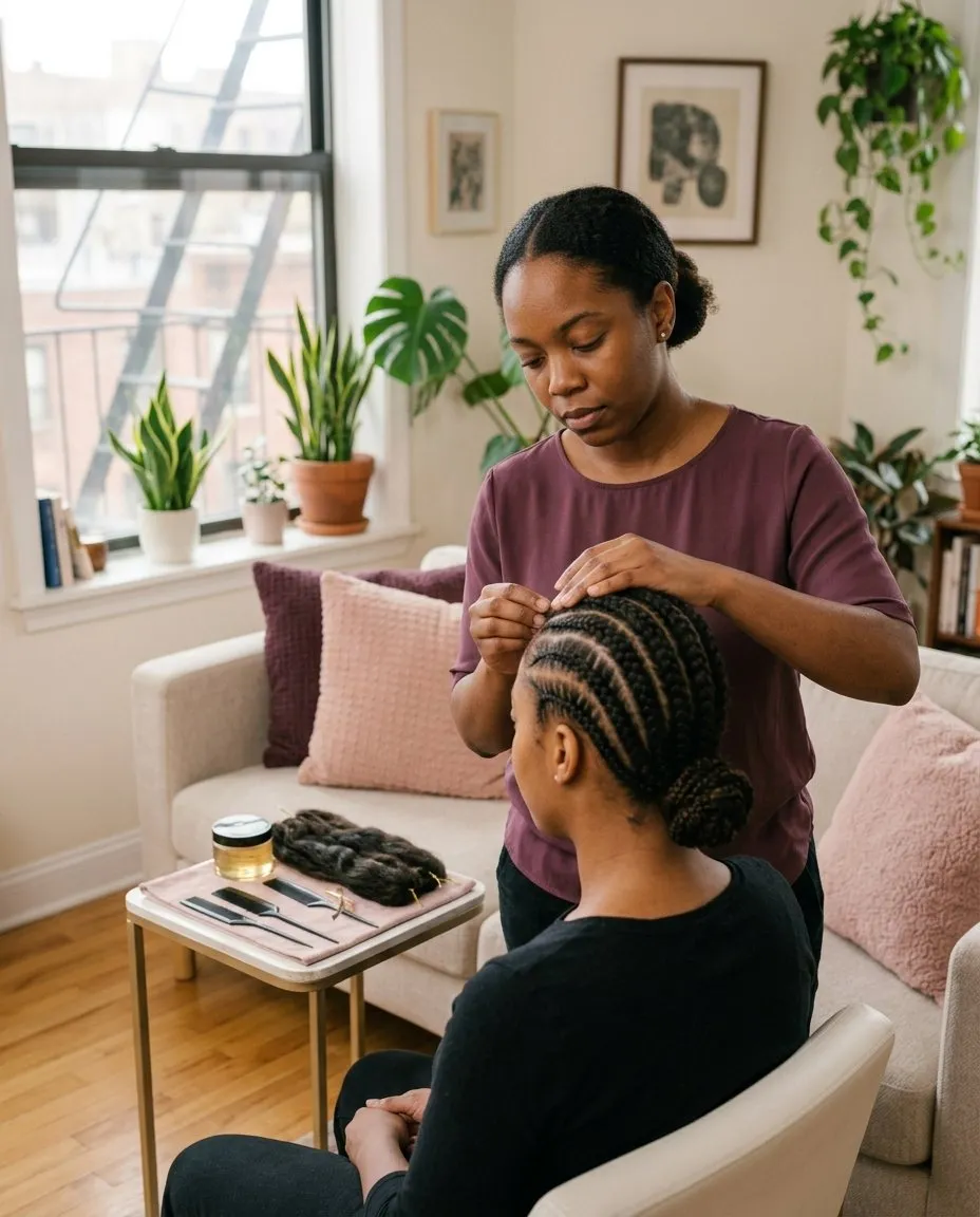 A braida braiding cornrows for a client in the client's living room