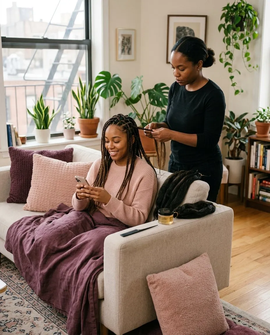 A client relaxes on her sofa, scrolling on her phone, while her braida braids her hair at home