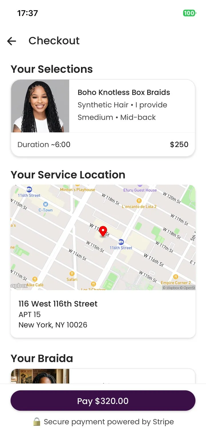 Checkout with selections, service location and secure Stripe payment