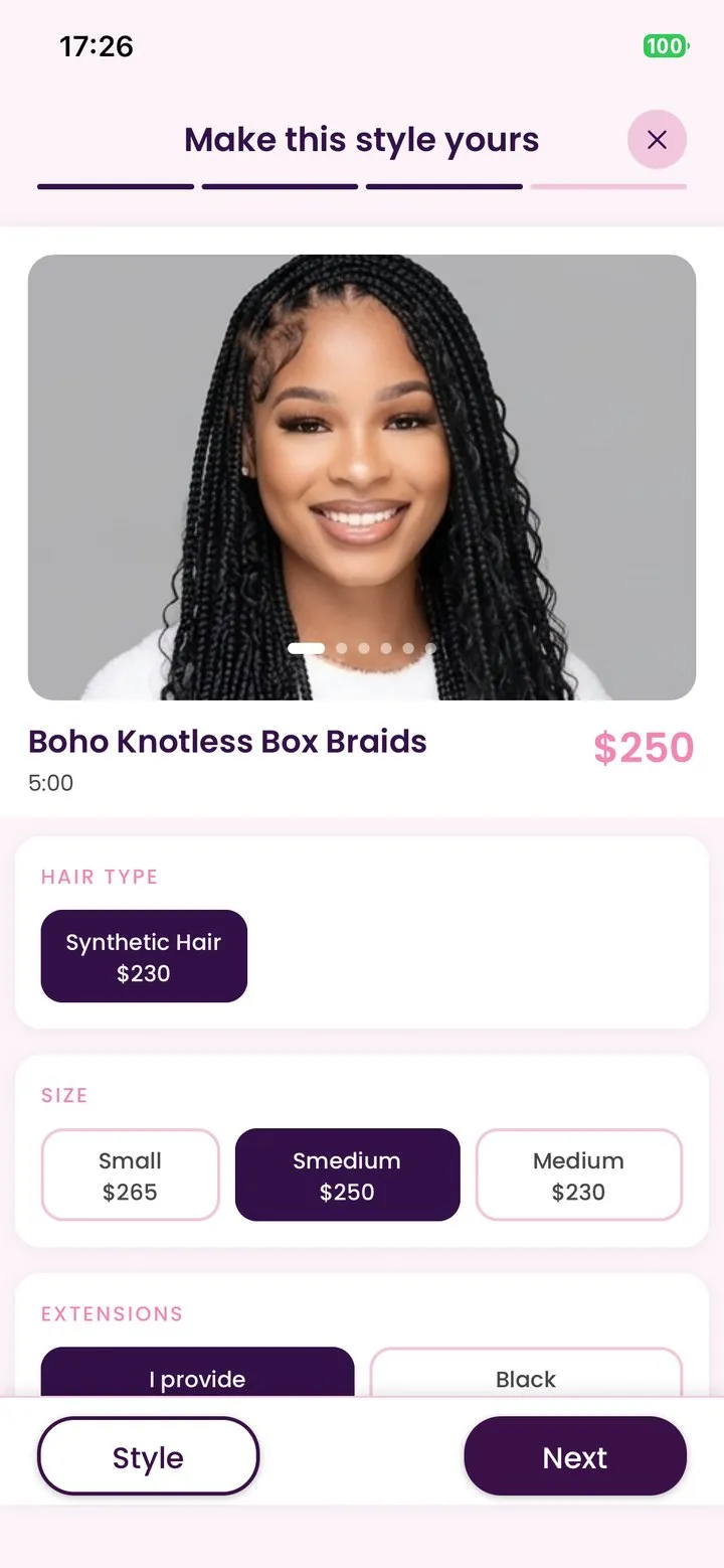 Customizing hair type and size with a live price