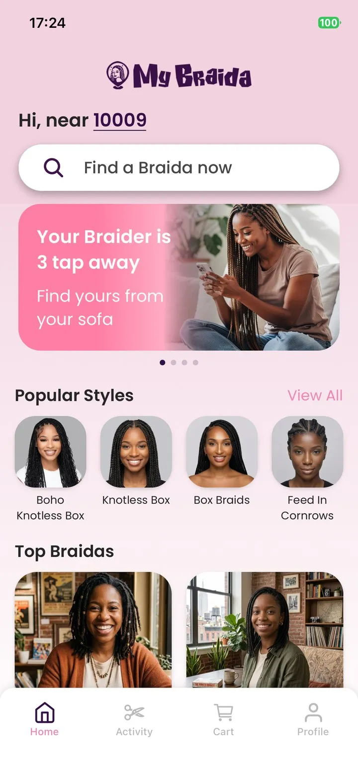 My Braida app home screen with popular styles and top braidas