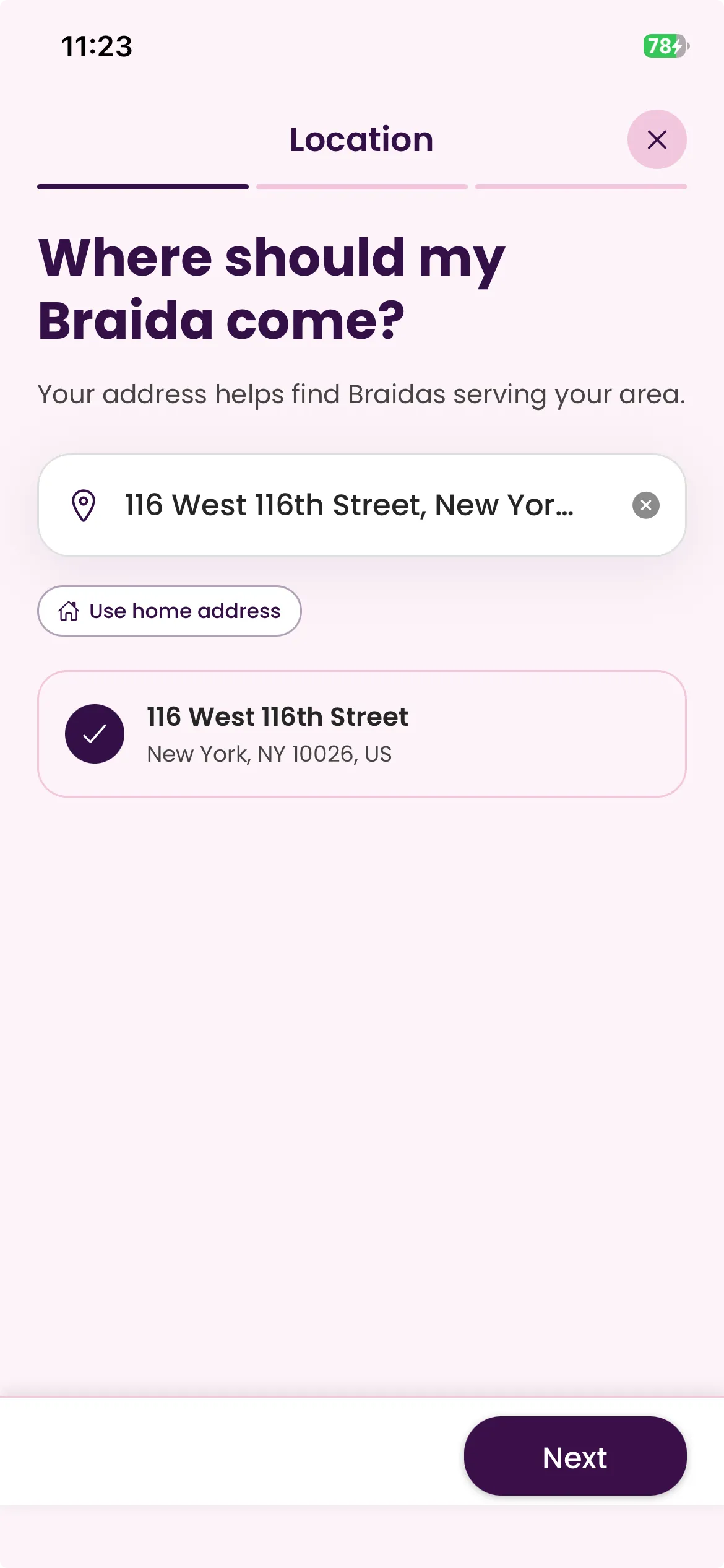 My Braida app asking "Where should my Braida come?" with an address selected