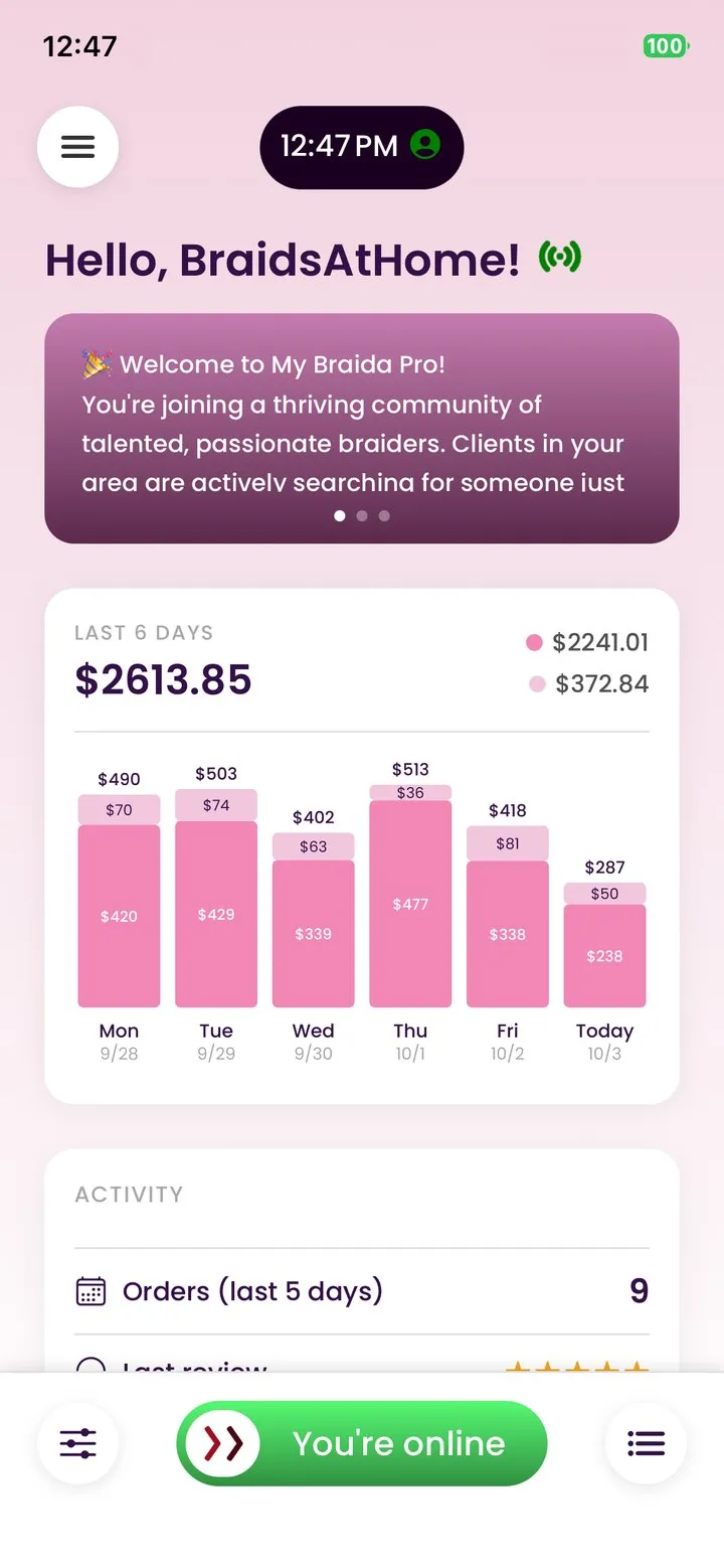 My Braida Pro dashboard with earnings over the last 5 days