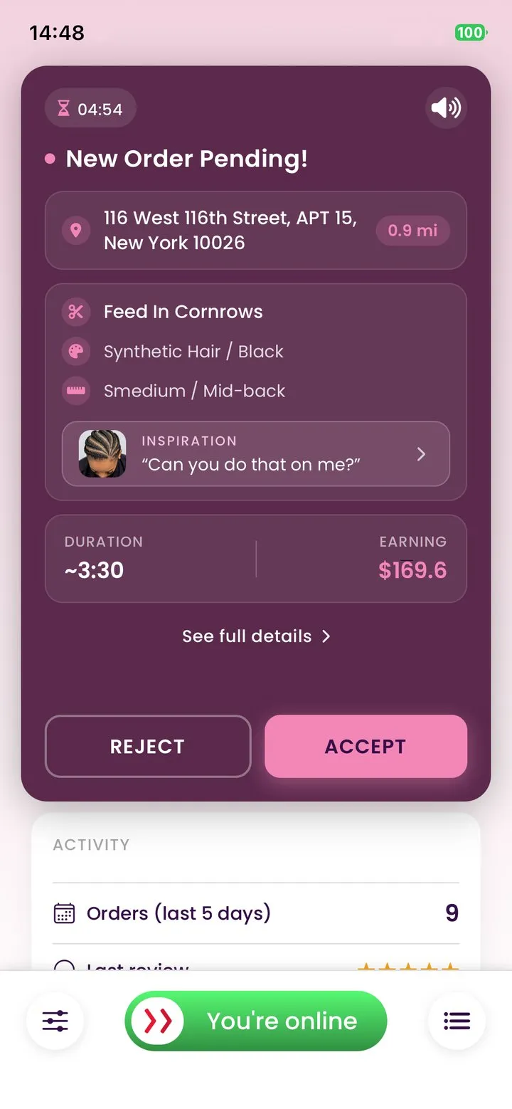 My Braida Pro app: new order pending, with style, duration and earnings