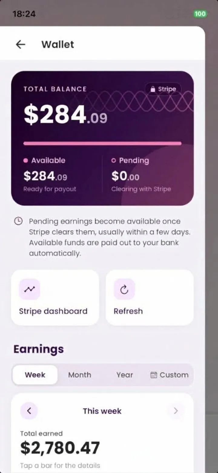 Wallet with available and pending balance and weekly earnings